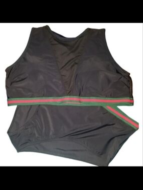Black Two-Piece Swim Set with Green and Red Stripe Band